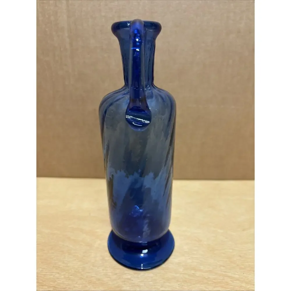 Hand-Blown Blue Glass Pitcher Vase With Handle 8.75” Tall